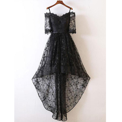 Black homecoming dress, high low homecoming dress, lace homecoming dress, short sleeves homecoming dress, off the shoulder homecoming dress, pd15045