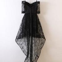 Black homecoming dress, high low homecoming dress, lace homecoming dress, short sleeves homecoming dress, off the shoulder homecoming dress, PD15045 - Thumbnail 1