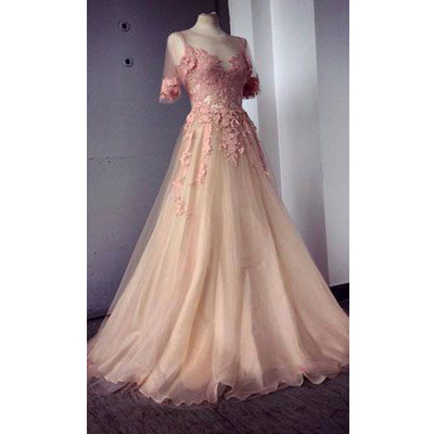 Half sleeves prom dress, long prom dress, evening dress, tulle prom dress, elegant prom dress, evening dress, party dress, pd15053 - Thumbnail 5