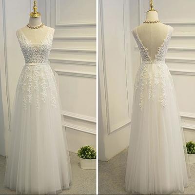 White tulle and lace applique prom dress 2018, v-neckline floor length party gowns, white formal dress