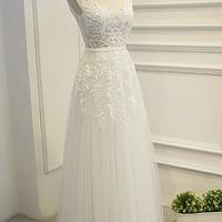 White Tulle and Lace Applique Prom Dress 2018, V-neckline Floor Length Party Gowns, White Formal Dress - Thumbnail 1