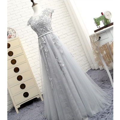 Long prom dress, cap sleeve prom dress, lace prom dress, grey prom dress, cheap prom dress, popular prom dress, evening dress, pd15172