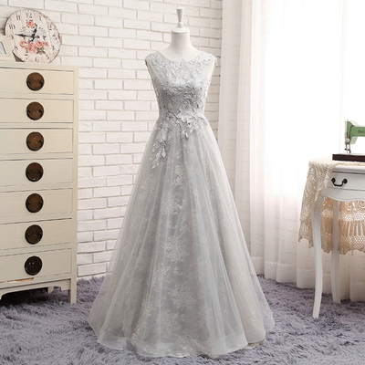 Long prom dress, grey prom dress, lace prom dress, a line prom dress, elegant prom dress, cheap prom dress, evening dress, PD15190