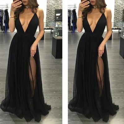 Black prom dress, sexy prom dress, v neck prom dress, side split prom dress, long prom dresses, evening dress, tulle prom dress, PD15148