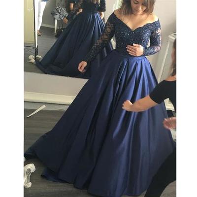 Long sleeve prom dress, beaded prom dress, off the shoulder prom dress, evening ball dress, long prom dress, elegant prom dress, pd15430