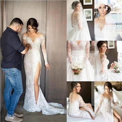 Sexy wedding dress, mermaid long sleeves wedding dress, long side split wedding dress, lace wedding dress, affordable wedding dress, PD15023