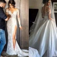 Sexy wedding dress, mermaid long sleeves wedding dress, long side split wedding dress, lace wedding dress, affordable wedding dress, PD15023 - Thumbnail 1