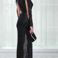 Black Sequin High Split Gown - Thumbnail 4