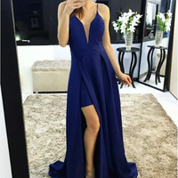 Simple dark blue A-line deep v neck long prom dress, blue evening dress - Thumbnail 1