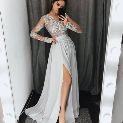 Gray lace a-line long sleeve prom dress,gray evening dresses - Thumbnail 5