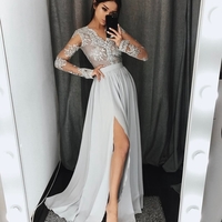 Gray lace A-Line long sleeve prom dress,gray evening dresses - Thumbnail 1