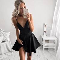 Black A-Line v neck short prom dress,black homecoming dress - Thumbnail 1