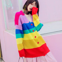 BORING Heart Embroidered Rainbow Knit Cardigan - Thumbnail 1