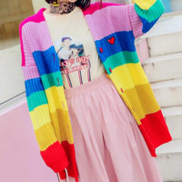 BORING Heart Embroidered Rainbow Knit Cardigan - Thumbnail 2