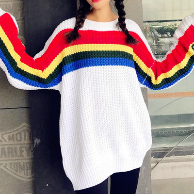O-neck loose rainbow stripe sweater