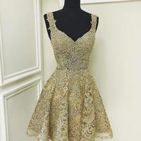 Cute lace v neck short prom dress, cute homecoming dress - Thumbnail 1