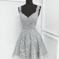 Cute lace v neck short prom dress, cute homecoming dress - Thumbnail 2