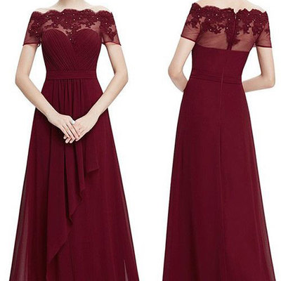 Chiffon burgundy long bridesmaid dress with lace appliques for wedding party - Thumbnail 5