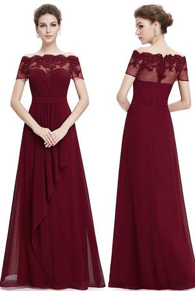 Chiffon Burgundy Long Bridesmaid Dress with Lace Appliques for Wedding Party