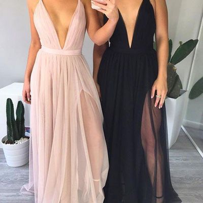 Simple a-line deep v neck long prom dress, evening dress - Thumbnail 5