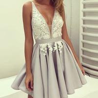 Gray v neck lace applique short prom dress, gray homecoming dress - Thumbnail 1