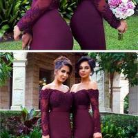 2018 Cheap Sexy Mermaid Burgundy Long Sleeve Lace Long most popular Bridesmaid Dresses, BD14179 - Thumbnail 1