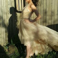 Long prom dress, champagne prom dress, halter prom dress, high low prom dress, beaded prom dress, popular prom dress, PD15367 - Thumbnail 1