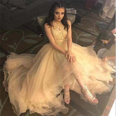 Long prom dress, champagne prom dress, halter prom dress, high low prom dress, beaded prom dress, popular prom dress, pd15367