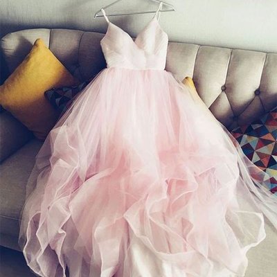 Pink a-line tulle v neck long prom dress, pink evening dress - Thumbnail 5