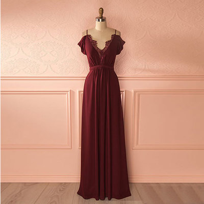 Simlp burgundy  lace chiffon long prom dress, burgundy bridesmaid dress