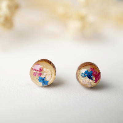 Real dried flowers and resin on wood stud earrings in pink and blue
