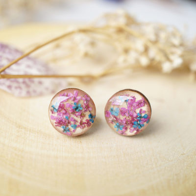 Real dried flowers and resin on wood stud earrings in pink and blue