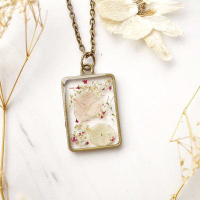 Real dried flowers in resin necklace, bronze rectangle in pink white mint mix