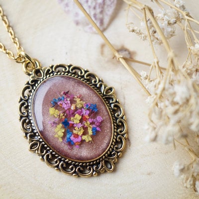 Real pressed flower and resin gold necklace, rose gold in pink yellow blue red