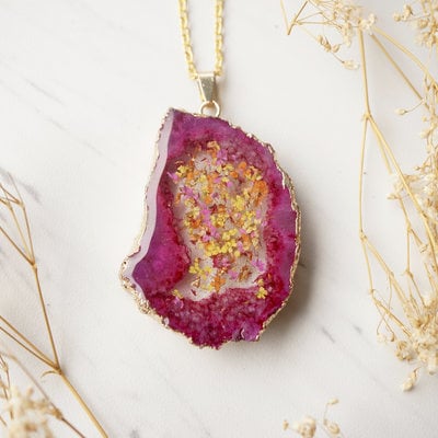 Real dried flowers and resin necklace, magenta druzy geode in pink yellow orange gold