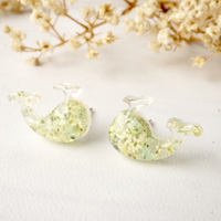Real Dried Flowers and Resin Whale Stud Earrings in Yellow and Mint - Thumbnail 1