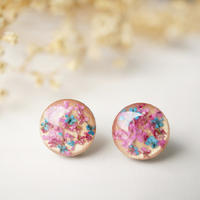 Real Dried Flowers and Resin on Wood Stud Earrings in Pink and Blue - Thumbnail 1