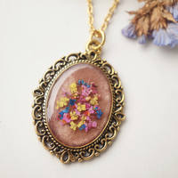 Real Pressed Flower and Resin Gold Necklace, Rose Gold in Pink Yellow Blue Red - Thumbnail 1