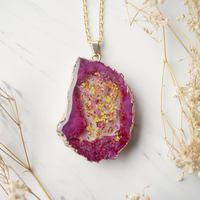 Real Dried Flowers and Resin Necklace, Magenta Druzy Geode in Pink Yellow Orange Gold - Thumbnail 1