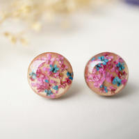 Real Dried Flowers and Resin on Wood Stud Earrings in Pink and Blue - Thumbnail 2
