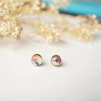 Real Dried Flowers and Resin on Wood Stud Earrings in Pink and Blue - Thumbnail 3