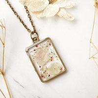 Real Dried Flowers in Resin Necklace, Bronze Rectangle in Pink White Mint Mix - Thumbnail 2