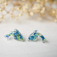Real Dried Flowers and Resin Dolphin Stud Earrings in Greens and Blues - Thumbnail 1