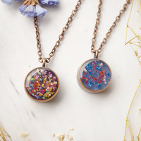 Real Dried Flowers in Resin Necklace, Thick Copper Circle in Blue Pink Red - Thumbnail 1
