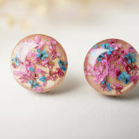 Real Dried Flowers and Resin on Wood Stud Earrings in Pink and Blue - Thumbnail 3