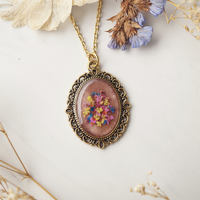 Real Pressed Flower and Resin Gold Necklace, Rose Gold in Pink Yellow Blue Red - Thumbnail 3