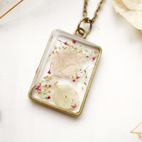 Real Dried Flowers in Resin Necklace, Bronze Rectangle in Pink White Mint Mix - Thumbnail 3