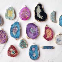 Real Dried Flowers and Resin Necklace, Magenta Druzy Geode in Pink Yellow Orange Gold - Thumbnail 3