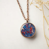 Real Dried Flowers in Resin Necklace, Thick Copper Circle in Blue Pink Red - Thumbnail 2