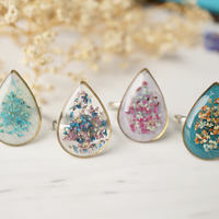 Real Pressed Flower and Resin Ring in Gold, Teal Orange White and Mint - Thumbnail 3